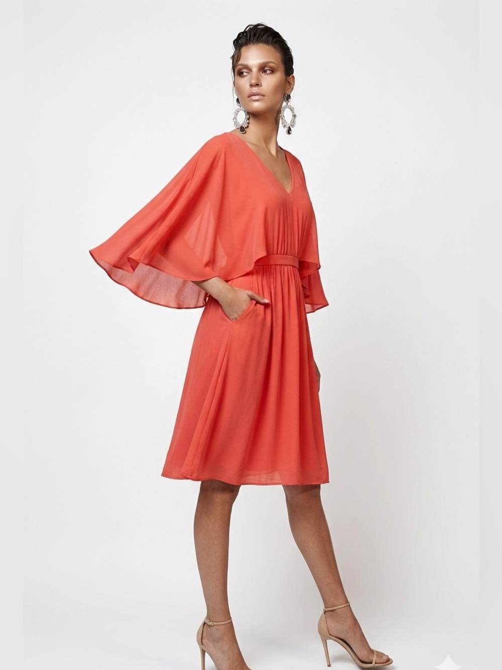 BCBGMaxAzria Coral V-Neck Flutter Sleeve Midi Dress